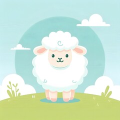 Obraz premium Adorable Cartoon Sheep Stands in a Green Pasture