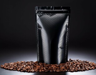 tall black pouch packaging surrounded by coffee beans showcasing elegance