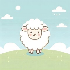 Obraz premium A Cute Fluffy Lamb Stands in a Green Pasture