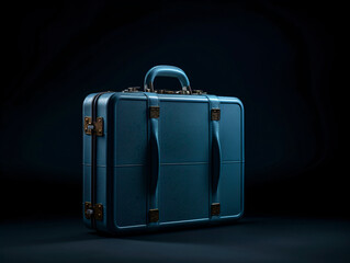 Blue Suitcase Stands out Against a Plain Black Background Showcasing Its Texture and Structure in a Minimalistic Style