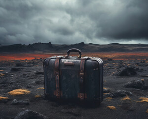 Black Suitcase Resting on Dark Volcanic Ground Under Stormy Sky During Twilight
