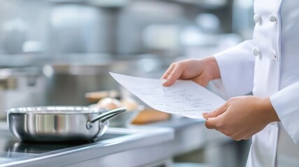 Chef in professional kitchen reviewing recipe with stainless steel cookware