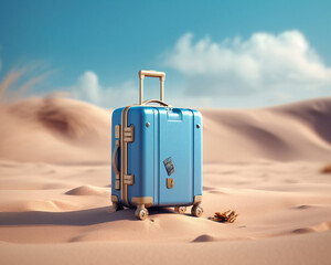 Stunning Blue Suitcase Resting on Sandy Desert Landscape With Clear Blue Sky and Soft Clouds Enhances Travel Vibes
