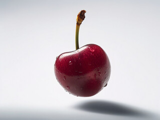 Cherry Floating With Droplets Against a Minimalistic Backdrop Captured in a Studio Setting