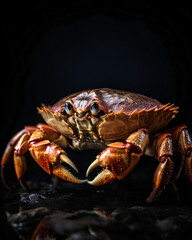 Vibrant Crab Displayed Against a Dark Backdrop Revealing Intricate Details of Its Body and Claws