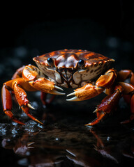 Vibrant Crab Standing on a Rocky Surface in a Dark Coastal Environment