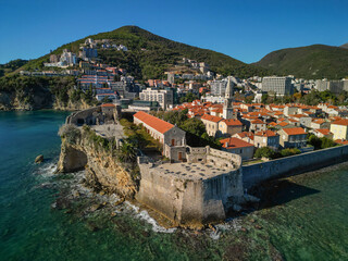 Ancient architecture of the town of Budva in Montenegro - drone view