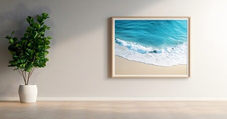 Ocean Wave Framed Artwork With Plant In Room