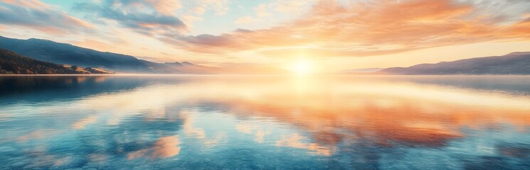 Serene Sunset Over Calm Mountain Lake Water