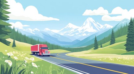 Cartoon-style illustration of a truck driving on a highway through mountainous vegetation, with green hills, pine trees, and snow-capped mountains in the background.