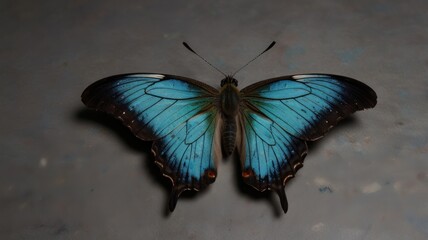 Vibrant blue butterfly with dark edges, wings spread wide on a grey surface.