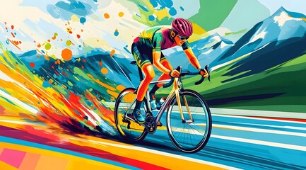 Fototapeta premium Cyclist Racing Through Vibrant Abstract Landscape