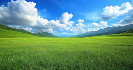 Obraz premium Vast green grassland under a blue sky with white clouds, rolling hills in the distance. Tranquil and peaceful nature scene evoking a sense of freedom and connection to the natural world.