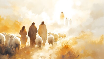 Shepherds Following Jesus and Their Flock Across Golden Fields