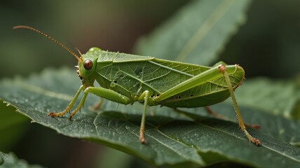 Close-up of a vibrant green katydid camouflaged on a leaf.