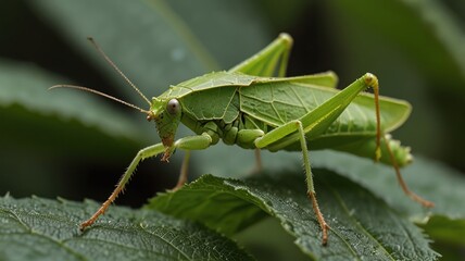 Close-up of a vibrant green katydid camouflaged on a leaf.