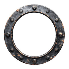 A rusted metal circle with many bolts and screws