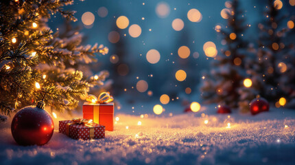 Christmas background with trees, garlands, snow, balls and bokeh