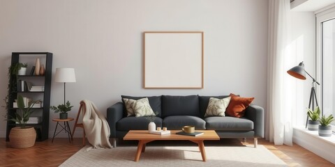 Modern living room interior with a poster mockup hanging on clips, adding a stylish and personalized touch to the home decor, home, interior, living room