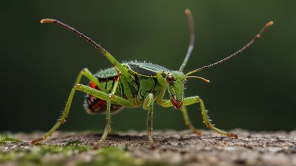 Fototapeta premium Close-up of vibrant green katydid insect on wood.