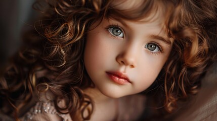 Fototapeta premium Brown-haired girl with captivating eyes enjoying a serene moment indoors