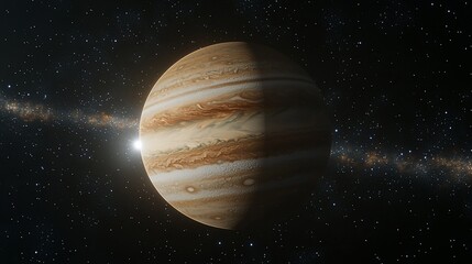 Jupiter planet in space with visible bands and a sunlit side, surrounded by stars and a faint galaxy.