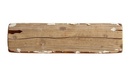 Fototapeta premium Weathered wooden sign with peeling paint and cracks, isolated on white background, weathered, antique, old