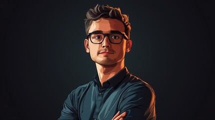 Fototapeta premium Stylized portrait of a confident young man wearing glasses and a buttoned shirt, standing with arms crossed against a dark background, ideal for a professional profile picture