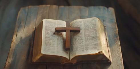 Wooden Cross Rests Upon Open Holy Bible