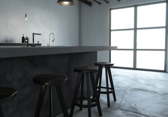 Industrial-style bar with concrete counters, black stools, and large windows, creating a modern and moody ambiance