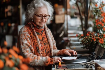 Sweet grandma enjoys crafting a record cover while listening to classic tunes by the record player