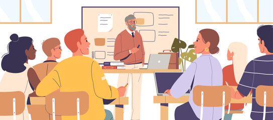Professor giving lecture for student in university auditorium hall cartoon vector illustration