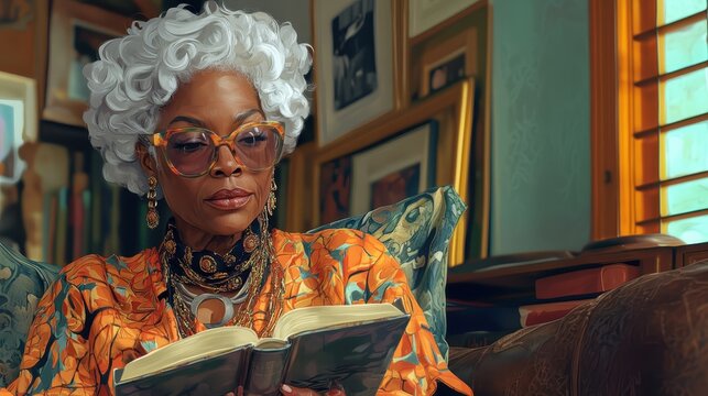 Stylish older woman relaxes at home in vintage inspired haute couture outfit while reading a book