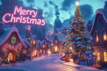 Highly Detailed Christmas Village with Snow, Reindeer, and Colorful 'Merry Christmas' in Cartoon Style