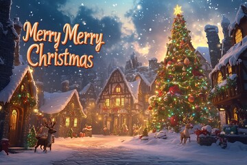 Detailed and Colorful Christmas Village with Snow, Reindeer, and Bright 'Merry Christmas' Text