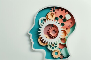 Creative paper cutout of a human head filled with colorful gears representing innovative thinking and cognitive processes. Ideal for business and technology themes.