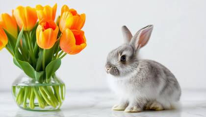 Fototapeta premium A cute bunny with soft white and gray fur sits next to a vase of bright orange and yellow tulips on