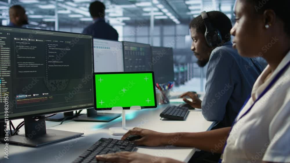Poster data center programmer using mockup tablet, maintaining company network infrastructure, close up. se