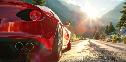 Naklejka premium Stunning red sports car parked on a winding mountain road, basking in the warm glow of the sunset. Adventure and luxury driving concept.