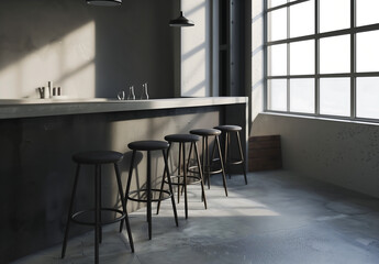 Fototapeta premium Industrial-style bar interior with metal stools, a concrete counter, and large windows, creating a modern and moody atmosphere