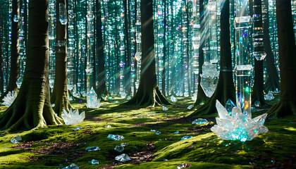 Fototapeta premium A dense forest where the trees are made of shimmering, translucent crystal trunks and branches. The