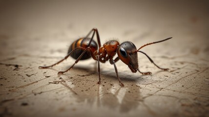 Close-up of a single red ant on a textured surface.
