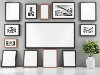 Fototapeta premium A mockup of a photo frame gallery wall with various sizes and styles of frames to showcase artwork or photos, gallery wall, decoration