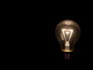 A single illuminated light bulb standing out against a dark black background, idea, invention, filament