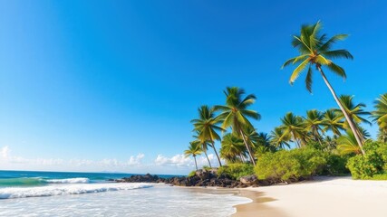Obraz premium A stunning view of a beautiful beach landscape with crystal clear turquoise waters, white sand, and palm trees swaying in the gentle breeze, sand, coastline