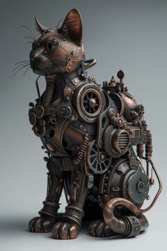 A steampunk cat made of metal gears and pipes. AI.