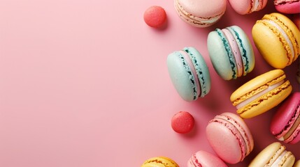 Fototapeta premium Colorful macarons on a pink background. AI.