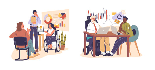 Diverse people employees characters with disability working in suitable office conditions scene set