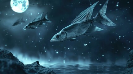 Fototapeta premium Fish swimming under the moonlight. AI.