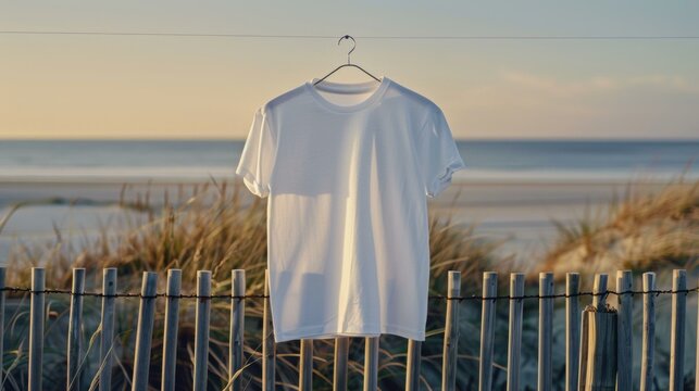 A white t-shirt hangs on a clothesline against a backdrop of a beach and dunes. AI.